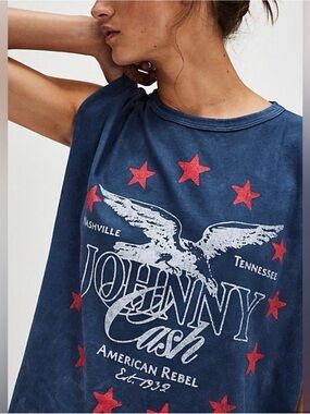 Daydreamer X Free People Navy Graphic Johnny Cash Tank with Red Stars